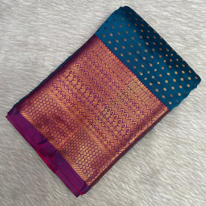 Banarasi Butti Soft Silk Saree in Blue with Pink Contrast Border