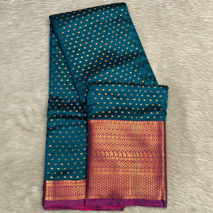 Banarasi Butti Soft Silk Saree in Blue with Pink Contrast Border