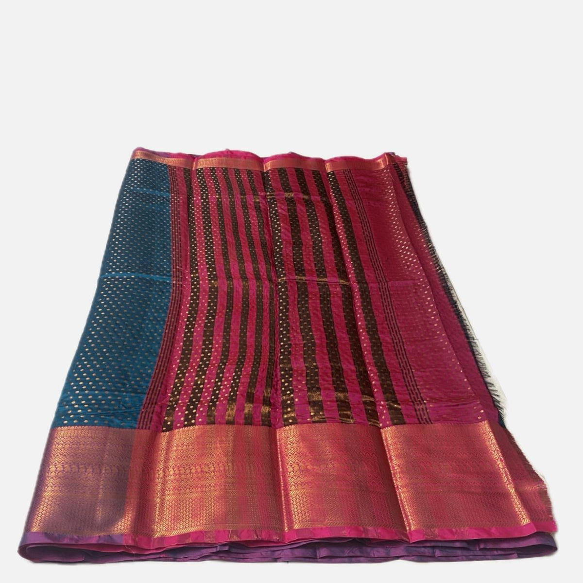 Banarasi Butti Soft Silk Saree in Blue with Pink Contrast Border