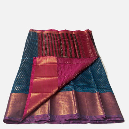 Banarasi Butti Soft Silk Saree in Blue with Pink Contrast Border