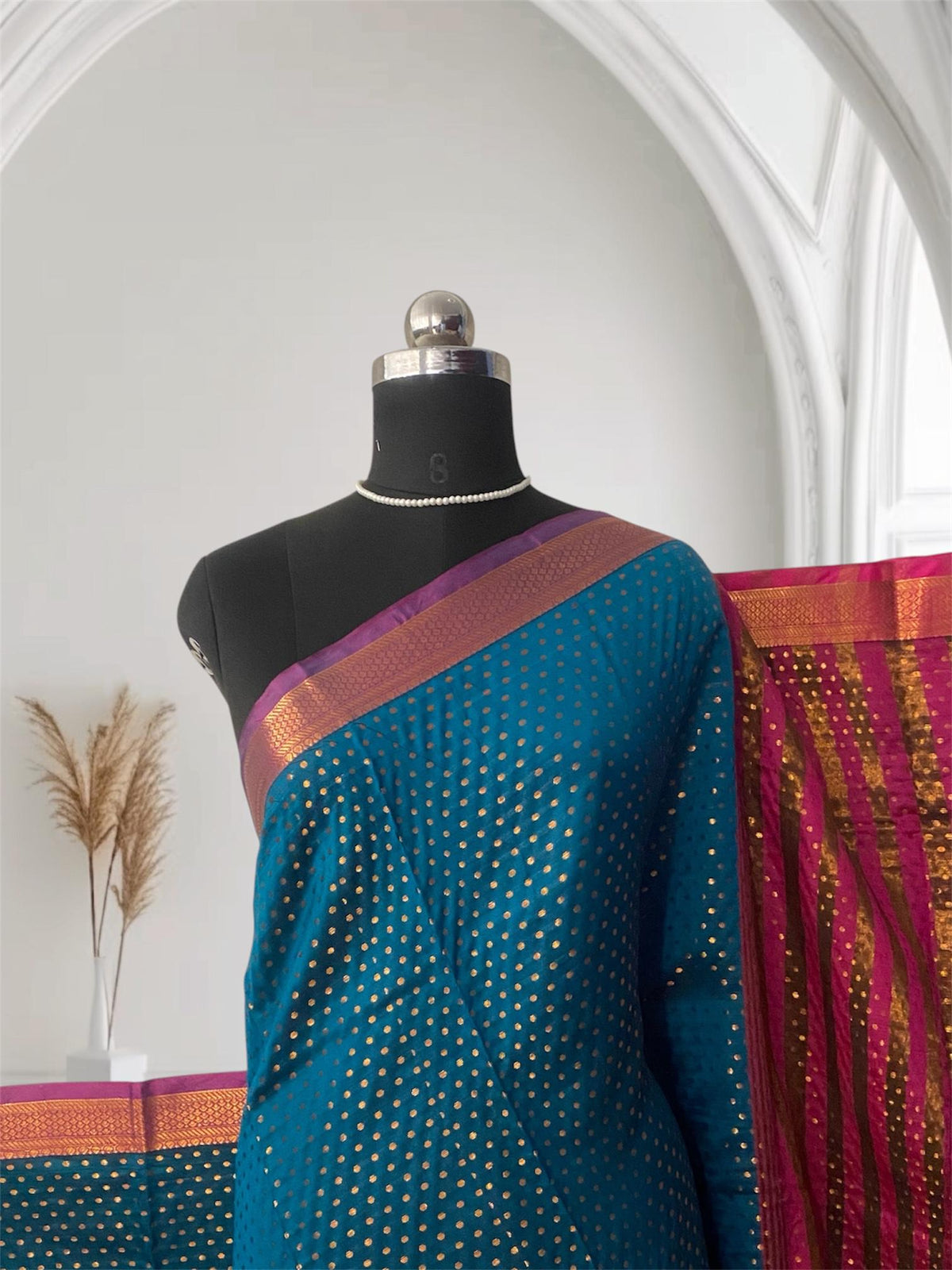 Banarasi Butti Soft Silk Saree in Blue with Pink Contrast Border