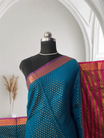 Banarasi Butti Soft Silk Saree in Blue with Pink Contrast Border