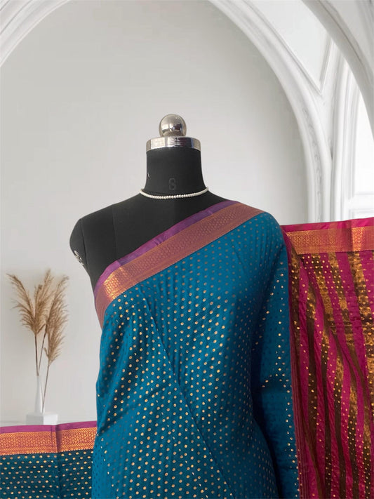 Banarasi Butti Soft Silk Saree in Blue with Pink Contrast Border