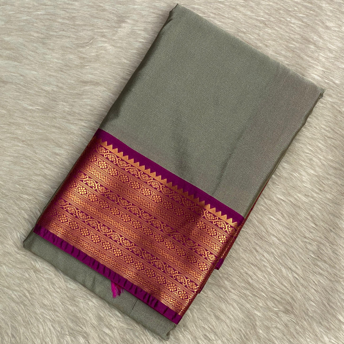 Reshmika Grey Soft Silk Saree with Dark Pink Border