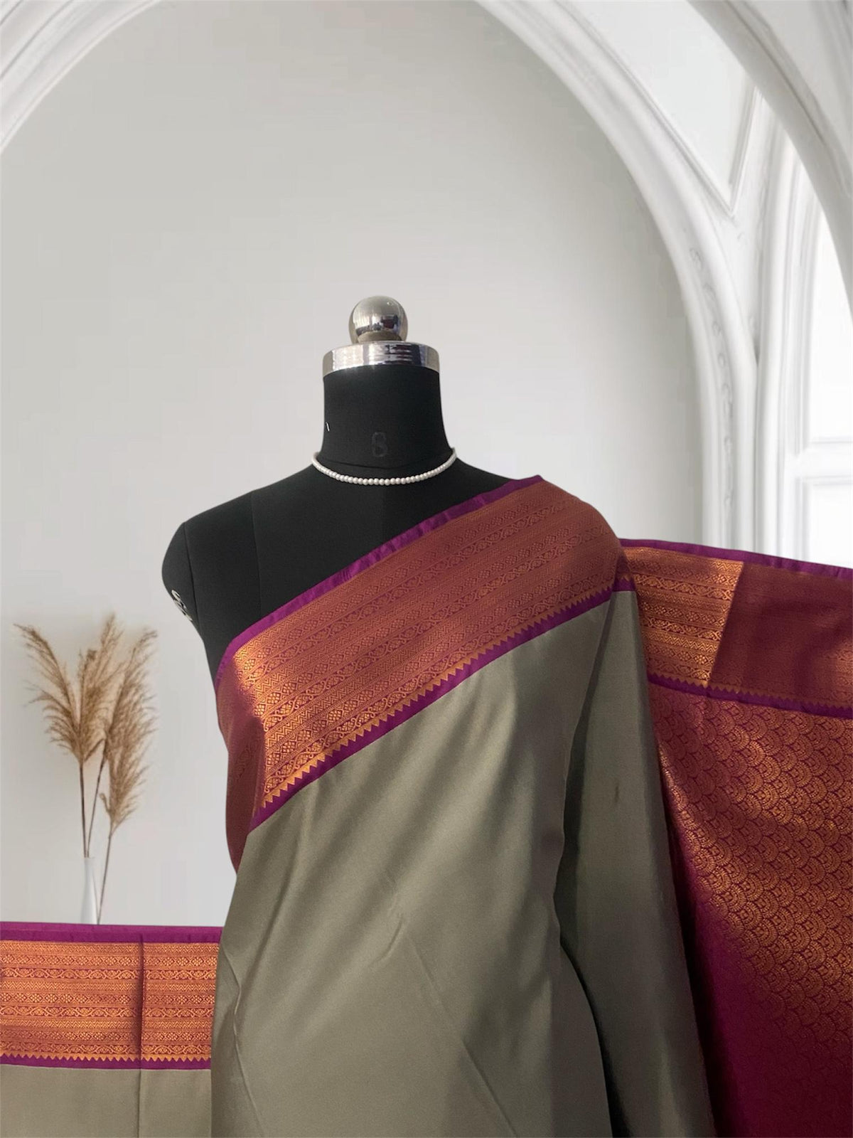 Reshmika Grey Soft Silk Saree with Dark Pink Border