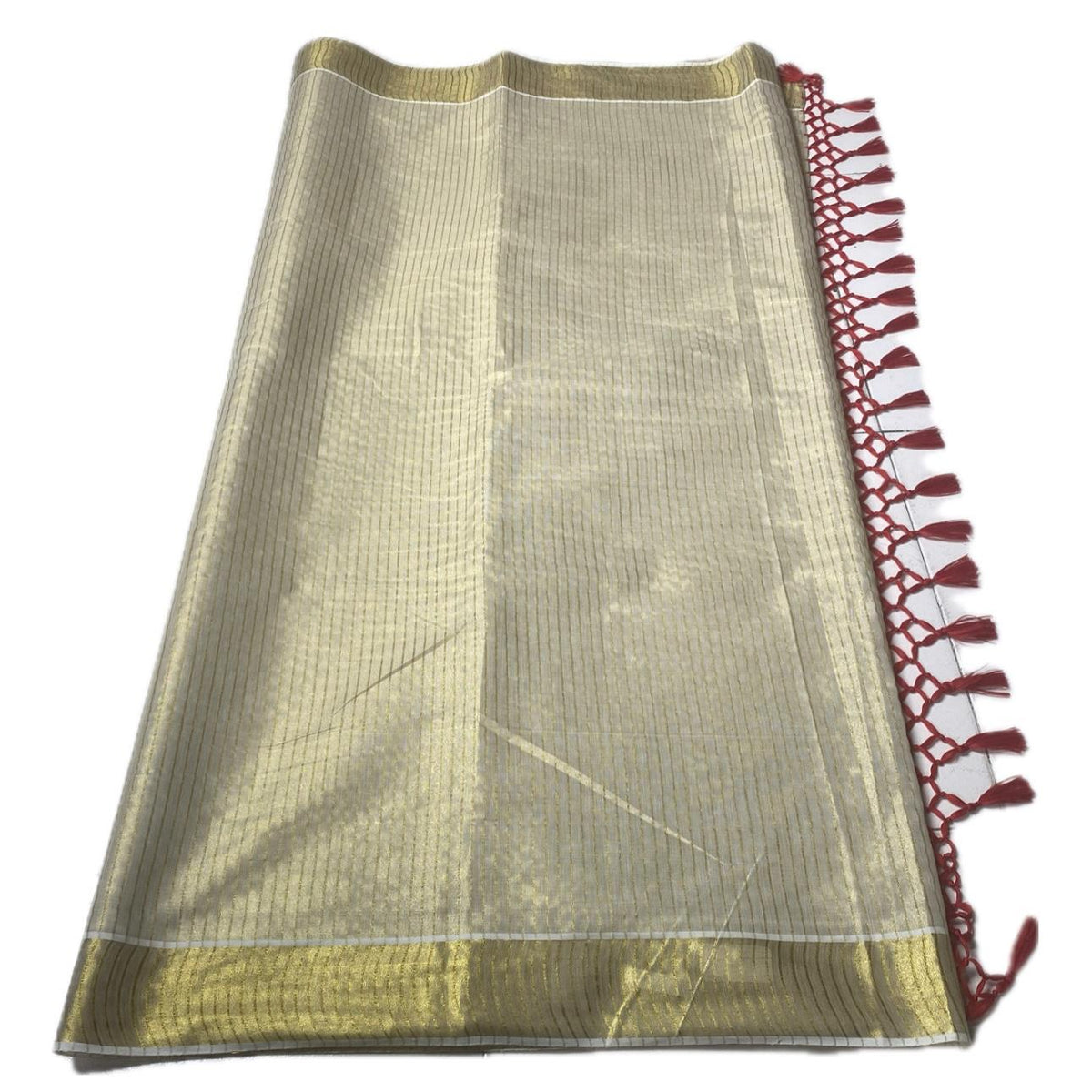 Tissue Kerala Saree with Stripes and Red Tassels