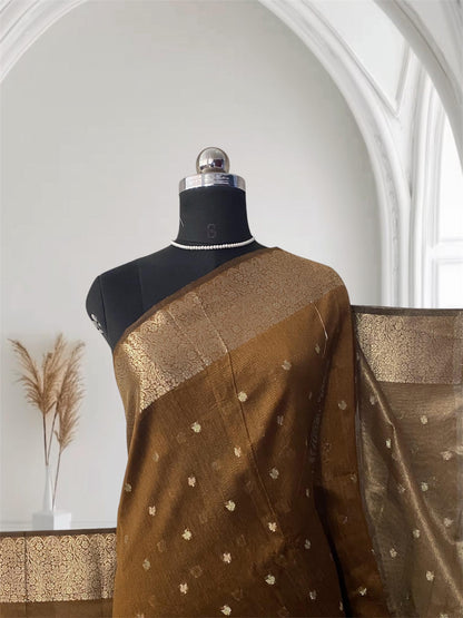 Brown & Gold Zari Tissue Silk Saree