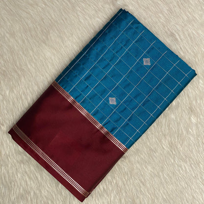 Blue Kanchipuram Checks Silk Saree with Maroon Border