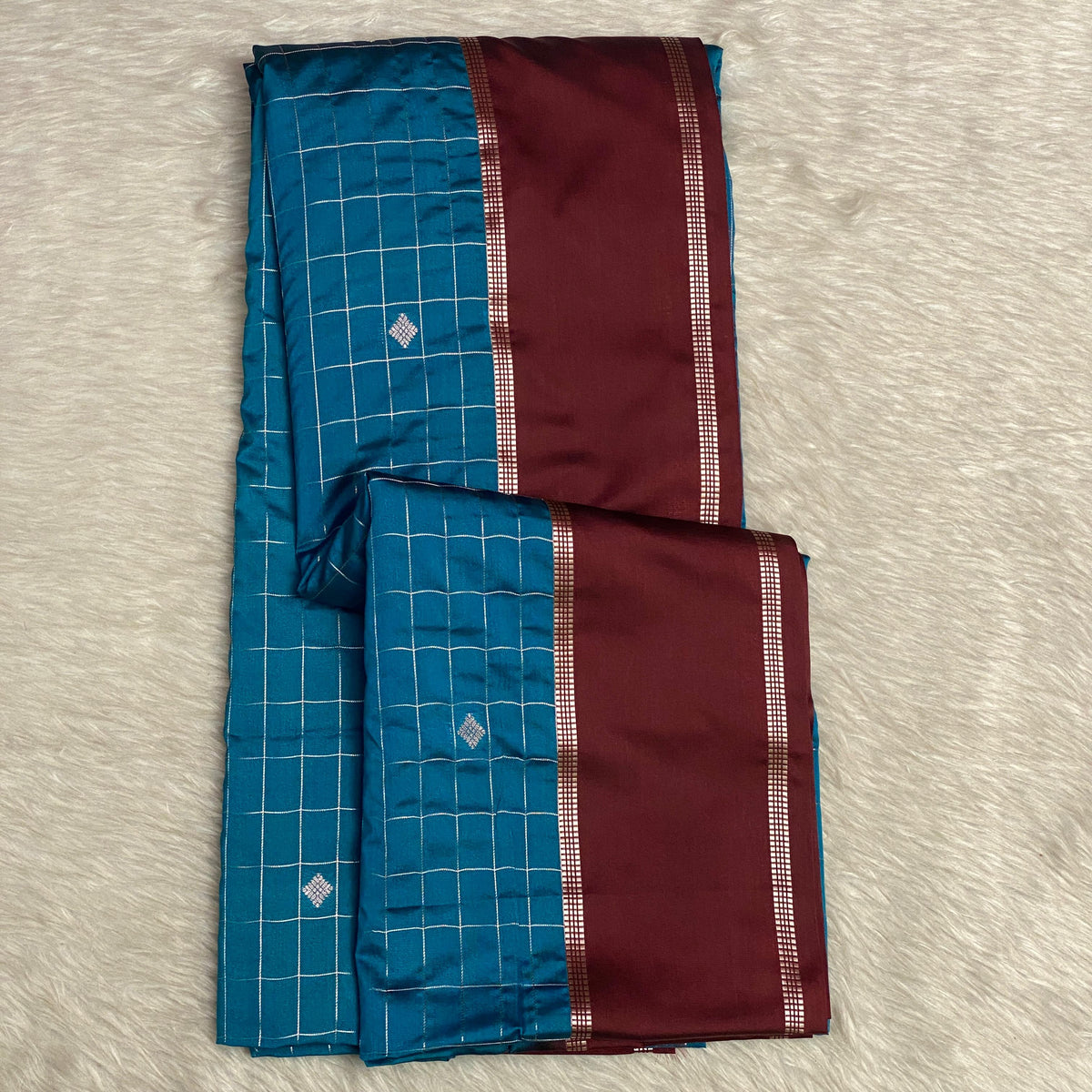 Blue Kanchipuram Checks Silk Saree with Maroon Border