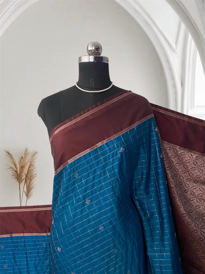 Blue Kanchipuram Checks Silk Saree with Maroon Border