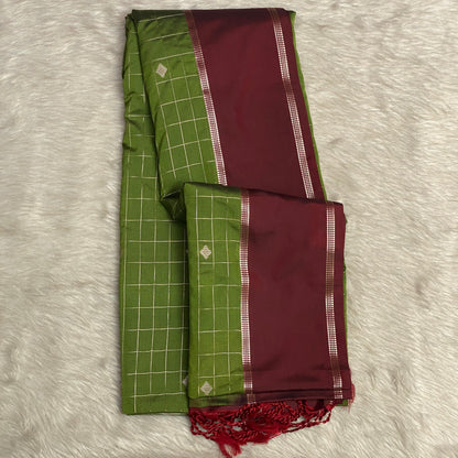 Green Kanchipuram Checks Silk Saree with Maroon Border