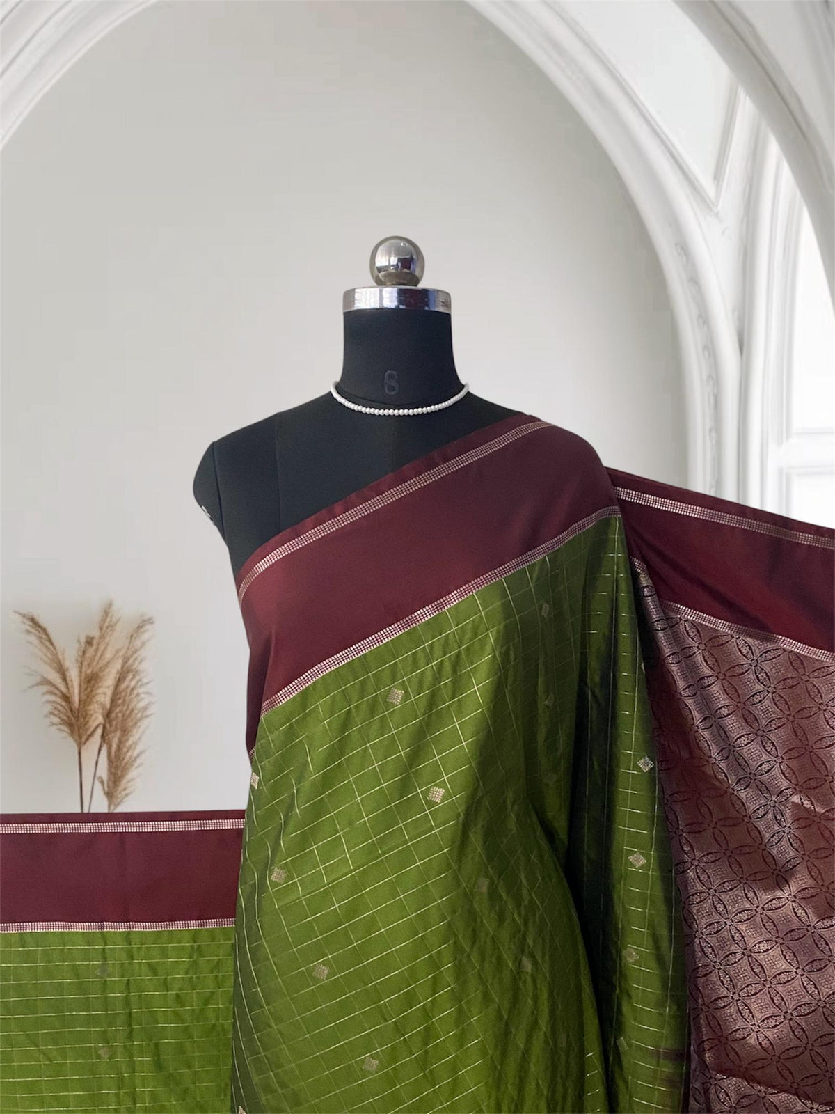 Green Kanchipuram Checks Silk Saree with Maroon Border