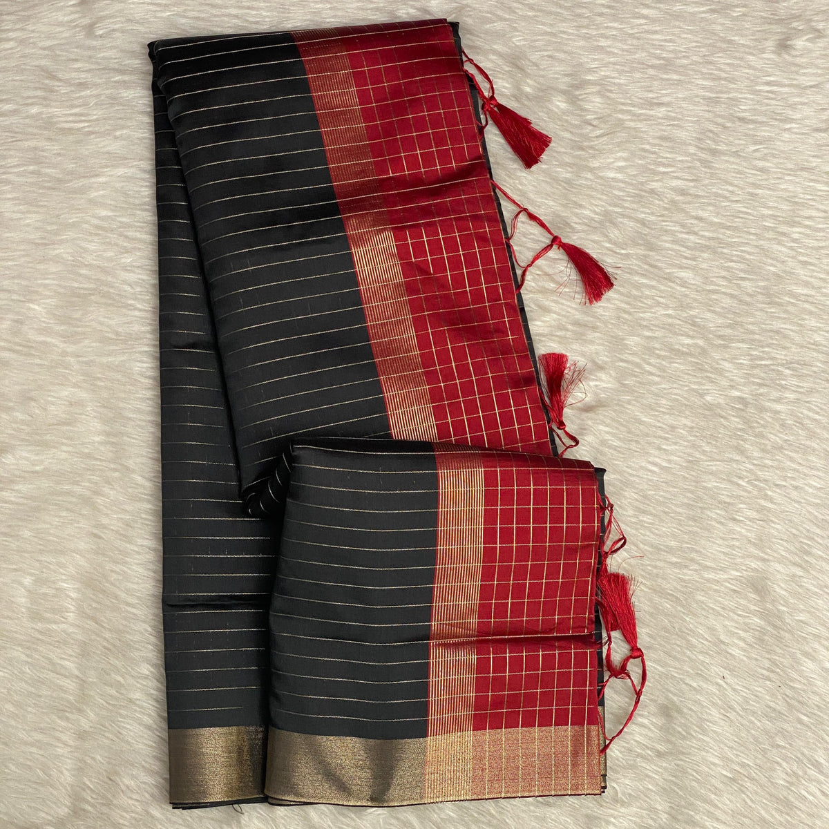 Bairavi Regal Black & Red Silk Saree with Golden Stripes