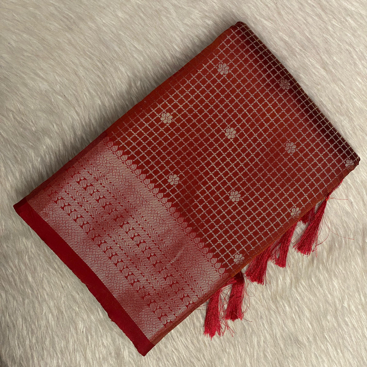 Brown Semi Silk Checks Saree in Checks with Butta work