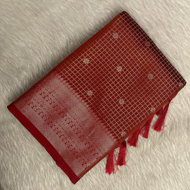 Brown Semi Silk Checks Saree in Checks with Butta work