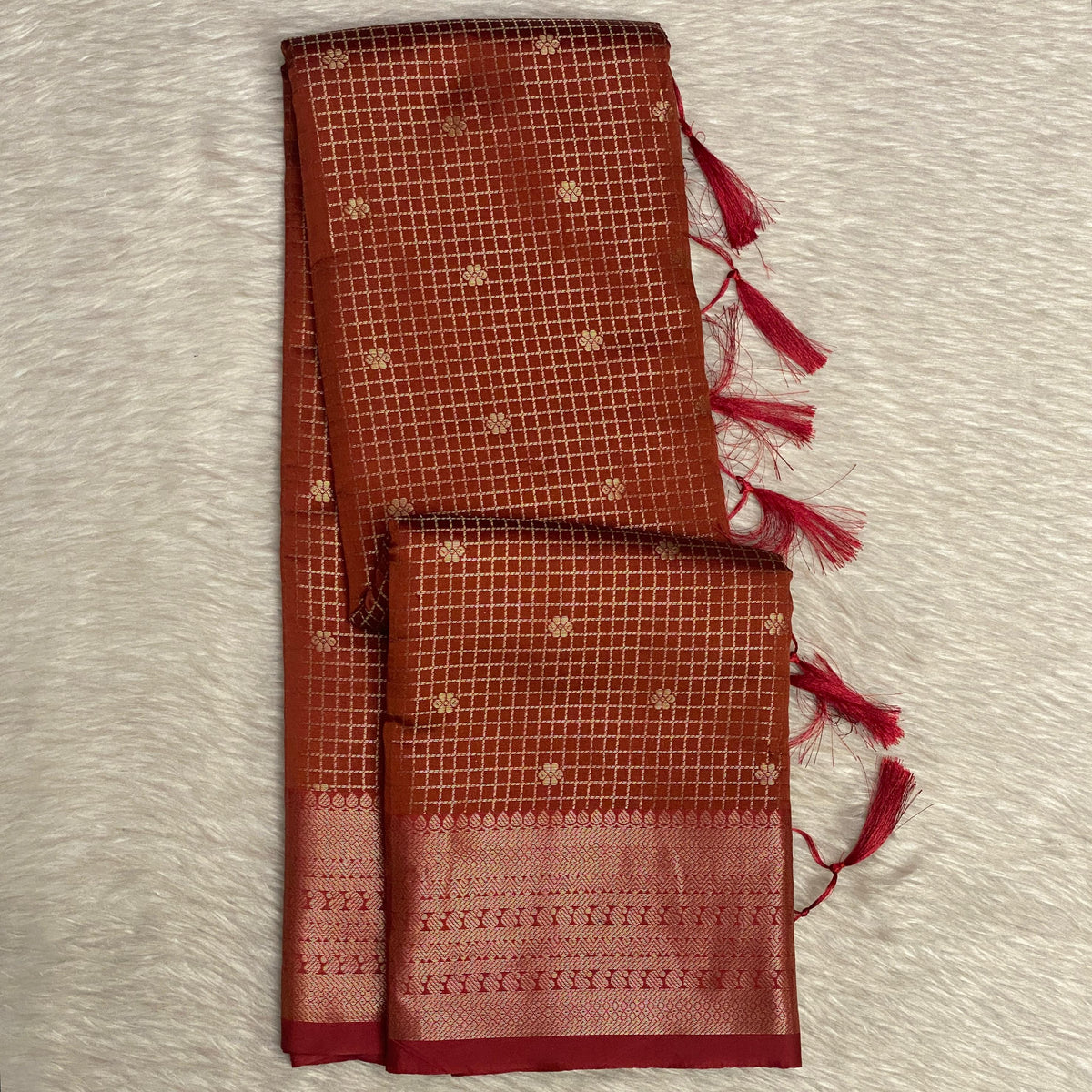 Brown Semi Silk Checks Saree in Checks with Butta work