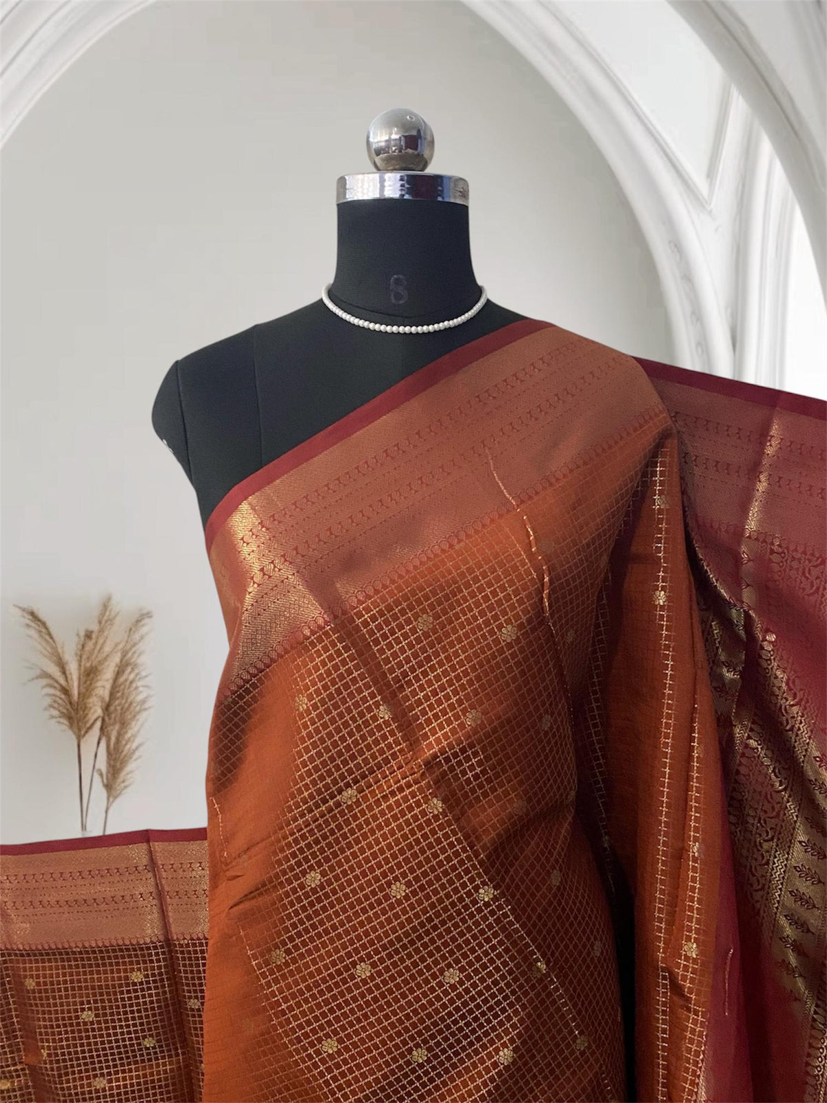 Brown Semi Silk Checks Saree in Checks with Butta work