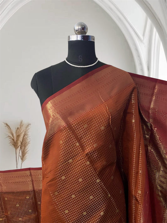 Brown Semi Silk Checks Saree in Checks with Butta work