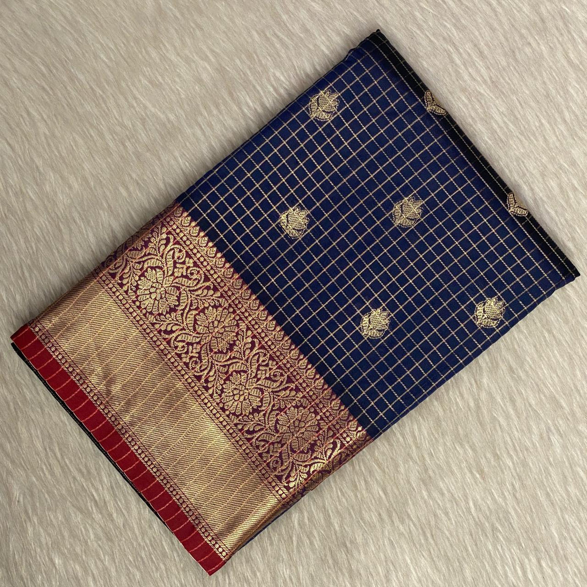 Kokila Blue Semi Silk Checks Saree in Checks with Butta work