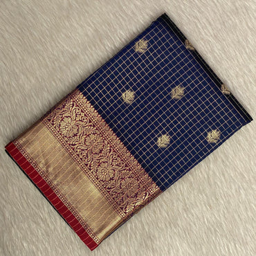 Kokila Blue Semi Silk Checks Saree in Checks with Butta work