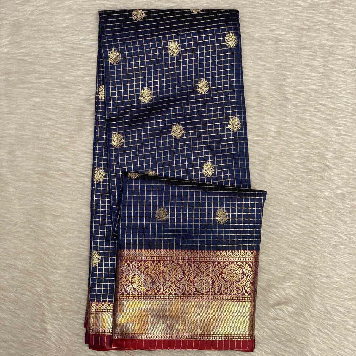 Kokila Blue Semi Silk Checks Saree in Checks with Butta work
