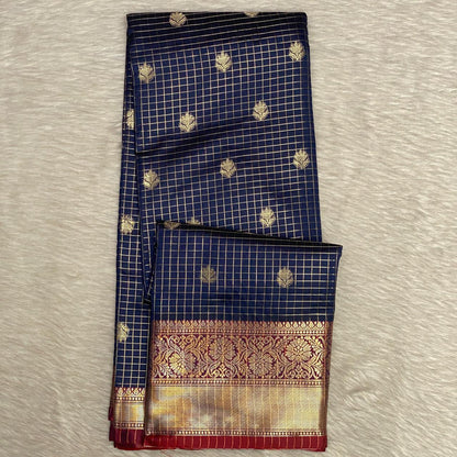 Kokila Blue Semi Silk Checks Saree in Checks with Butta work