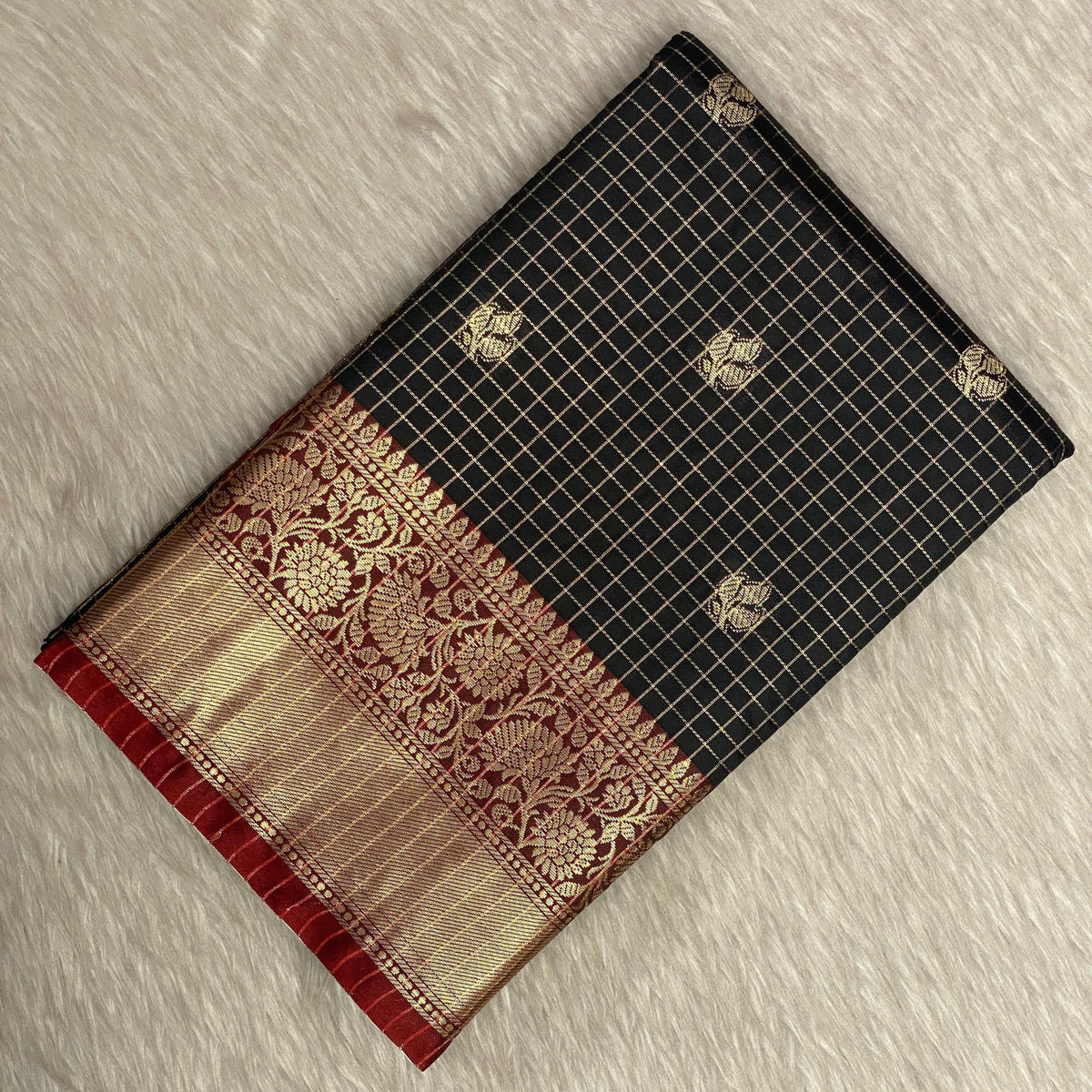 Kokila Black Semi Silk Checks Saree in Checks with Butta work