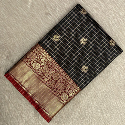 Kokila Black Semi Silk Checks Saree in Checks with Butta work