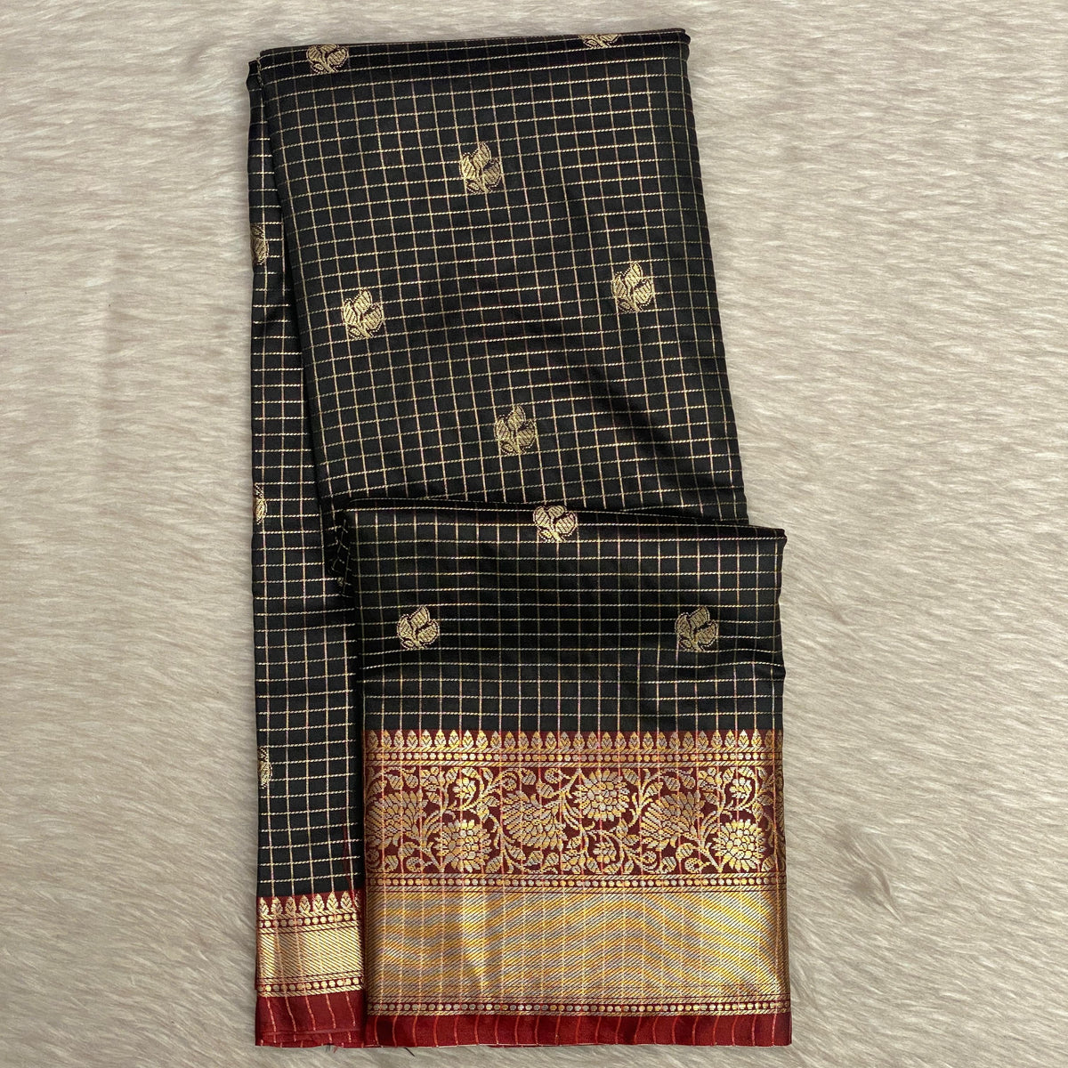 Kokila Black Semi Silk Checks Saree in Checks with Butta work