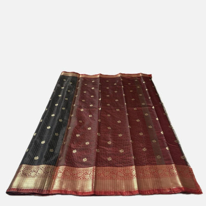 Kokila Black Semi Silk Checks Saree in Checks with Butta work