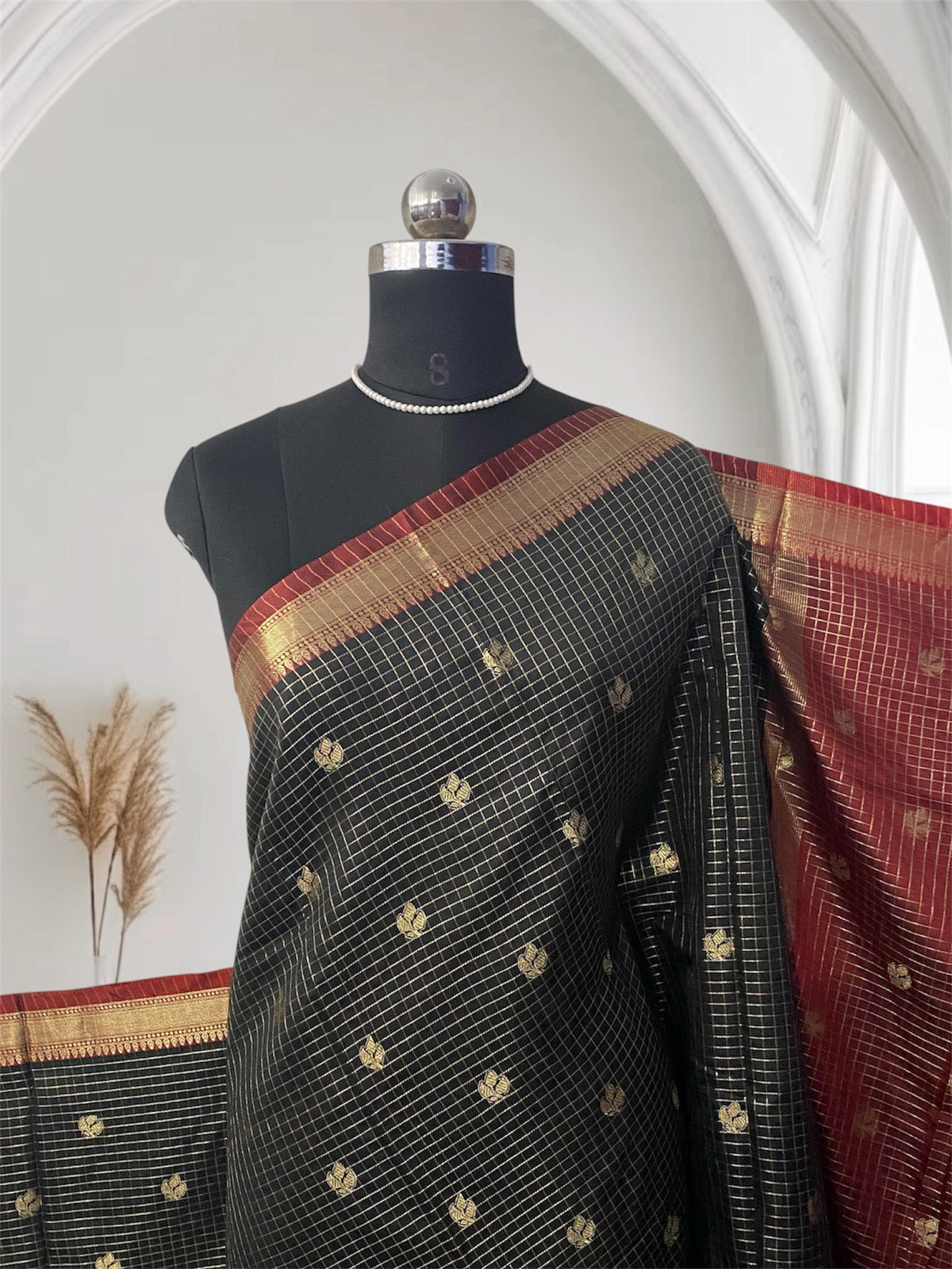 Kokila Black Semi Silk Checks Saree in Checks with Butta work