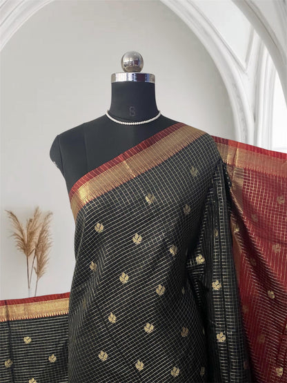 Kokila Black Semi Silk Checks Saree in Checks with Butta work