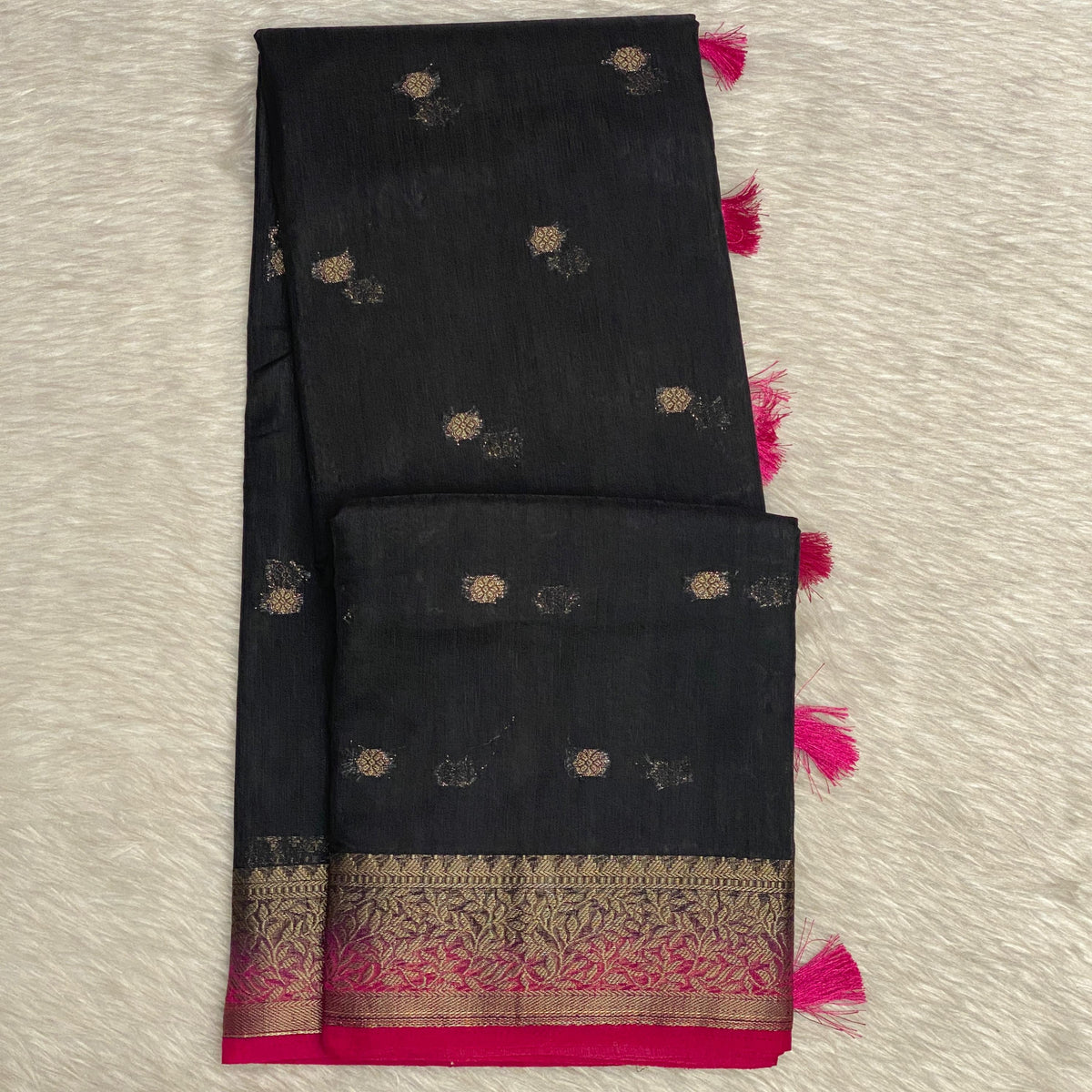 Black Semi Jute Festive Saree with Pink Contrast Woven Border
