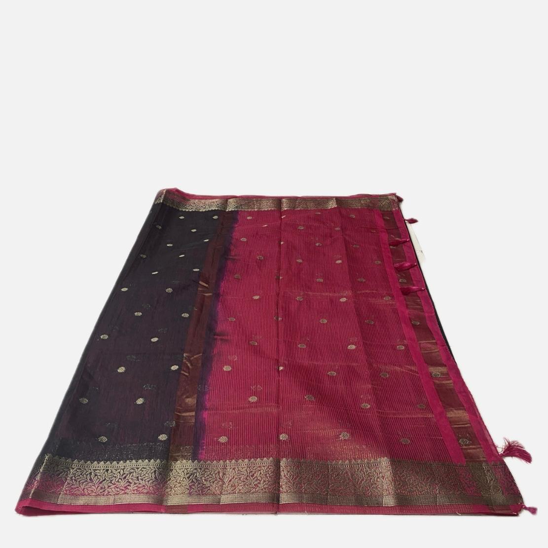 Black Semi Jute Festive Saree with Pink Contrast Woven Border