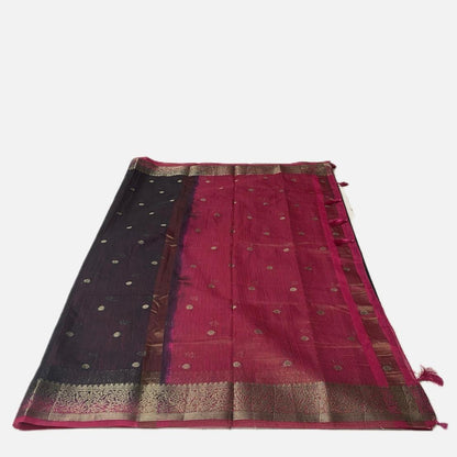 Black Semi Jute Festive Saree with Pink Contrast Woven Border
