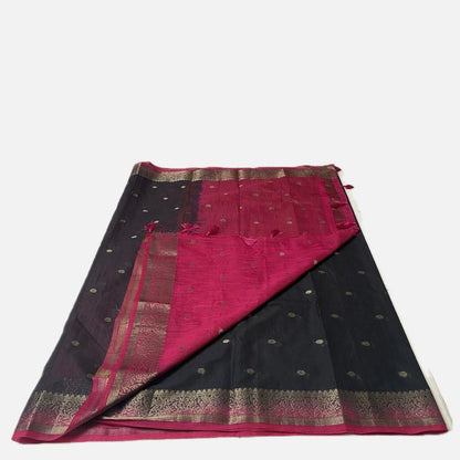 Black Semi Jute Festive Saree with Pink Contrast Woven Border