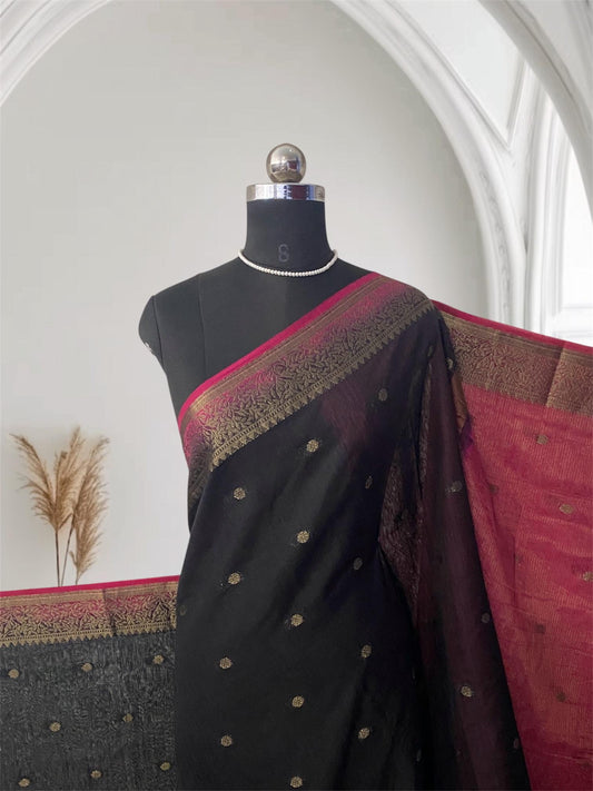 Black Semi Jute Festive Saree with Pink Contrast Woven Border