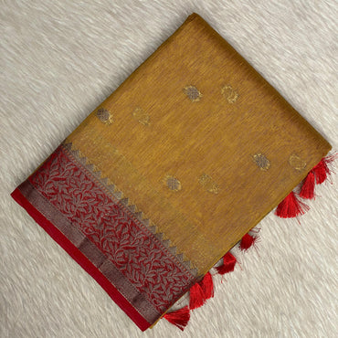 Mustard Semi Jute Festive Saree with Maroon Contrast Woven Border