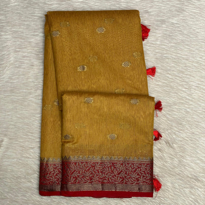 Mustard Semi Jute Festive Saree with Maroon Contrast Woven Border