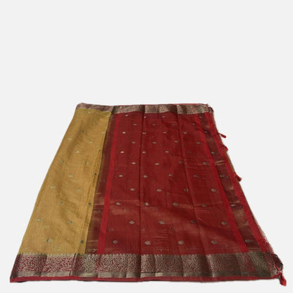 Mustard Semi Jute Festive Saree with Maroon Contrast Woven Border