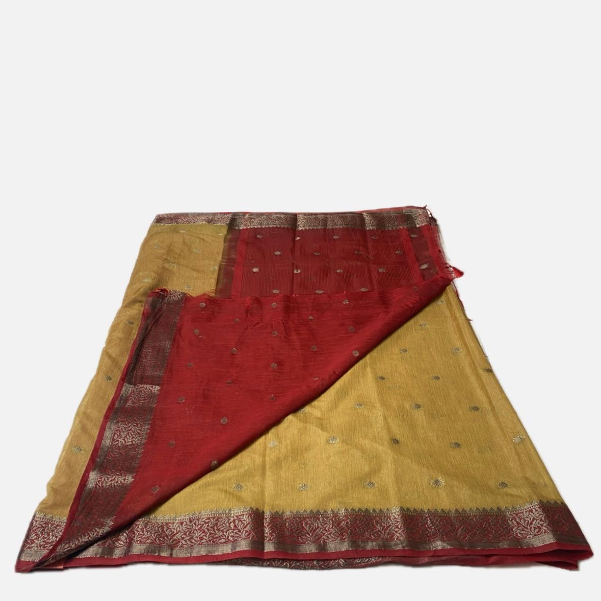 Mustard Semi Jute Festive Saree with Maroon Contrast Woven Border