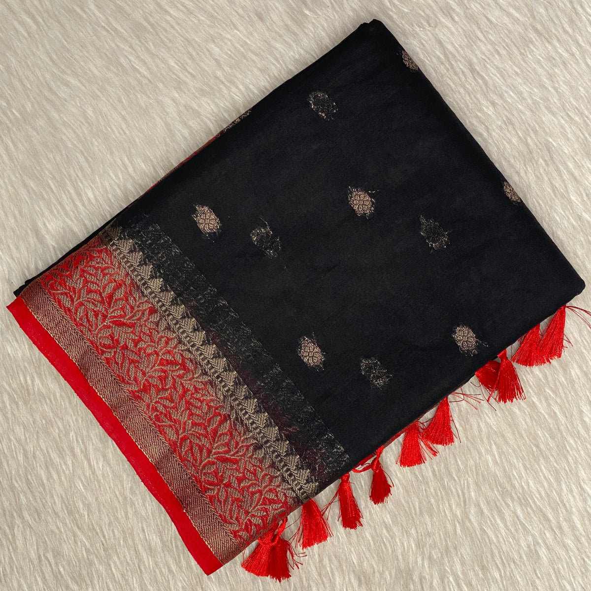Black Semi Jute Festive Saree with Red Contrast Woven Border