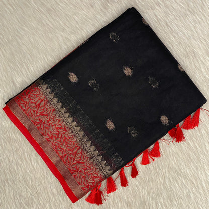 Black Semi Jute Festive Saree with Red Contrast Woven Border