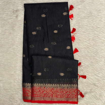 Black Semi Jute Festive Saree with Red Contrast Woven Border