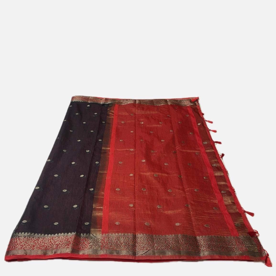 Black Semi Jute Festive Saree with Red Contrast Woven Border
