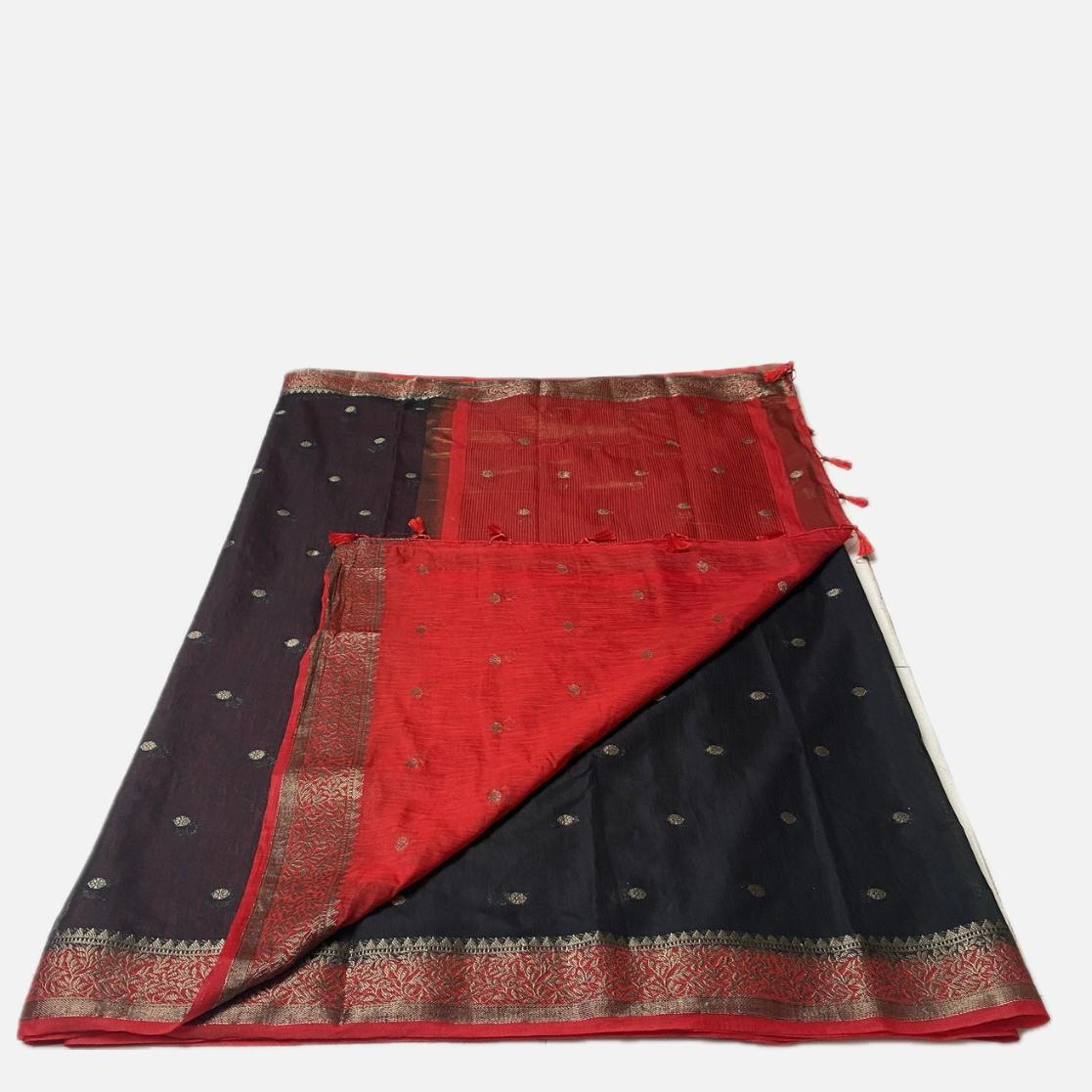 Black Semi Jute Festive Saree with Red Contrast Woven Border