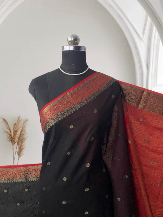 Black Semi Jute Festive Saree with Red Contrast Woven Border
