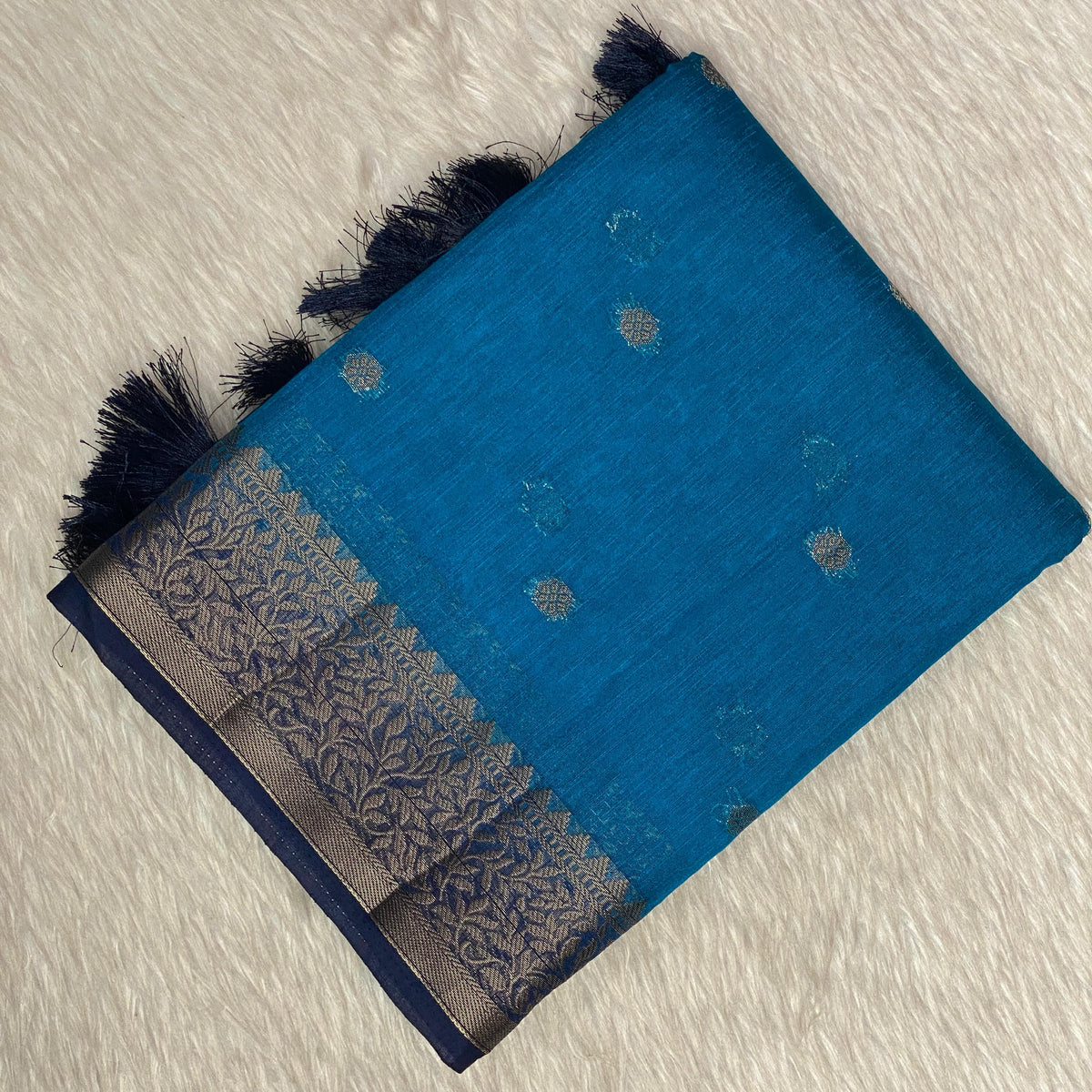 Blue Semi Jute Festive Saree with Black Contrast Woven Border