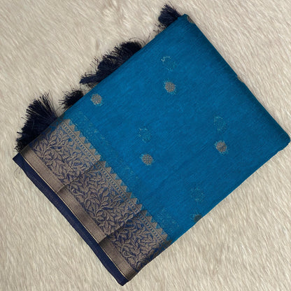 Blue Semi Jute Festive Saree with Black Contrast Woven Border