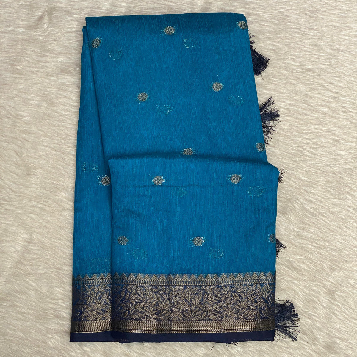 Blue Semi Jute Festive Saree with Black Contrast Woven Border
